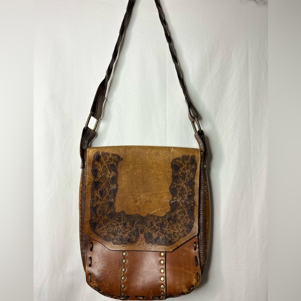Vintage Large Heavy Leather Tooled Bag Cognac Brown